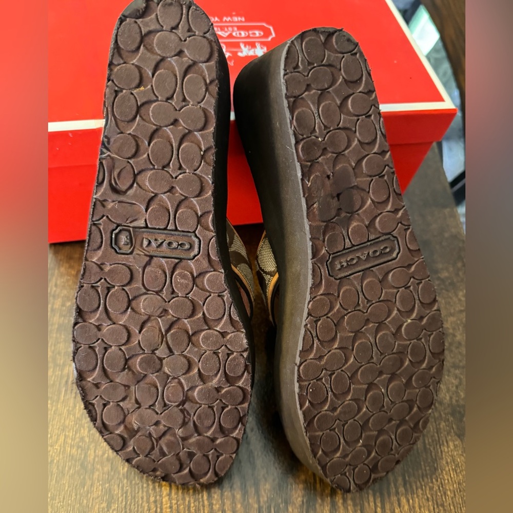 Coach Black Platform Wedge Flip Sandals with Tan Signature Straps - Picture 7 of 10